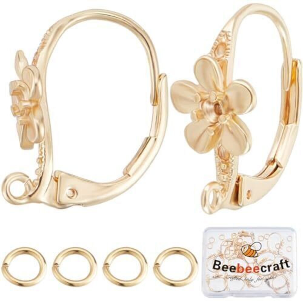 5472 20Pcs Flower Leverback Earring Findings 18K Gold Plated Brass 17x8mm